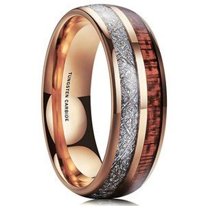 Unisex Mens Wedding Tungsten Wedding Band 8mm Rose Gold Tungsten Ring Wood Inlay